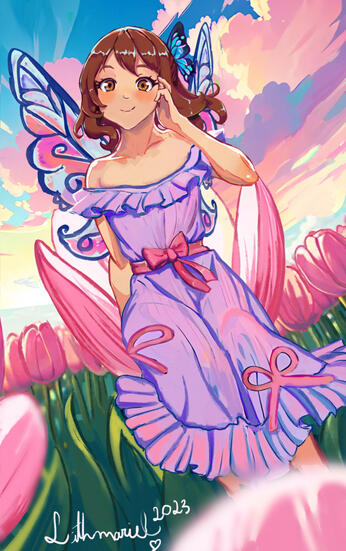 A fairy in a field of pink tulips